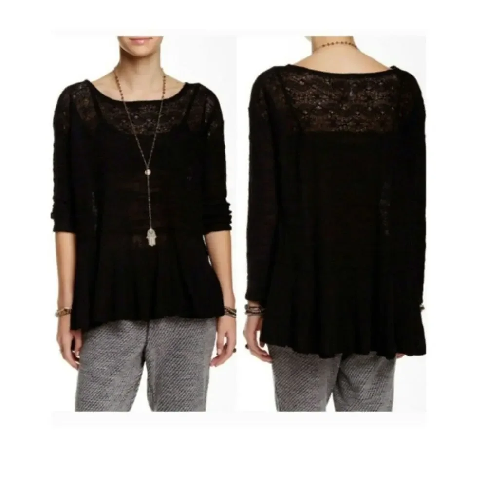 Free People Kristobel Lace Knit Peplum Sweater Top OB414391 Black Size‎ Large